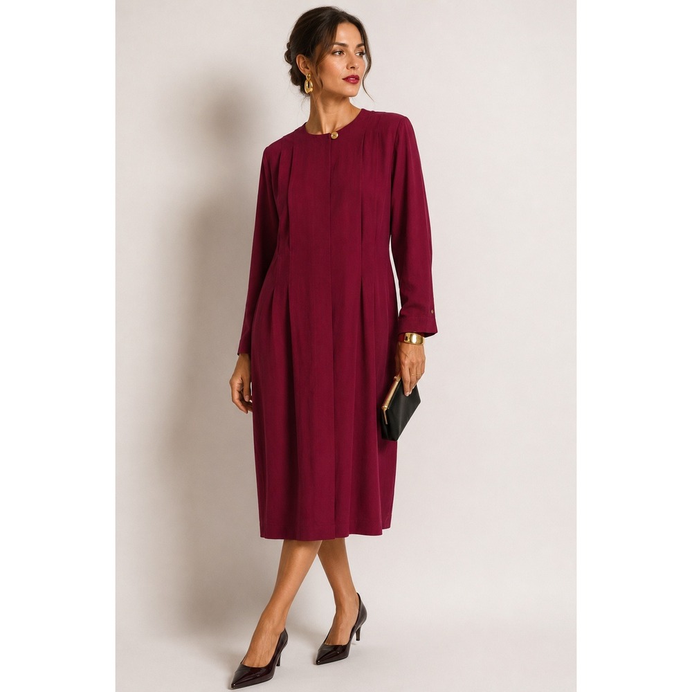 100% Silk Vintage Midi Dress 10 Maroon Long Sleeve Pleated Minimalist Ambria